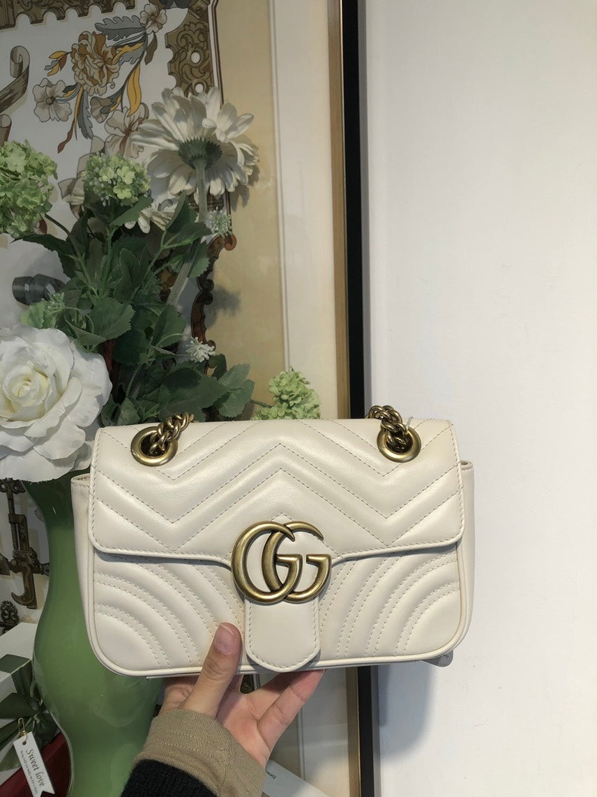 Preloved Gucci GG Marmont Chain Shoulder Bag 22cm White Leather