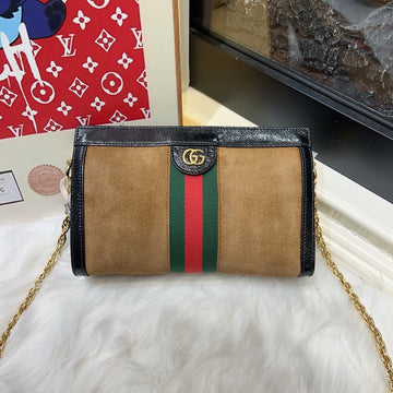 Preloved Gucci Ophidia Shoulder Bag in Brown Suede with Green and Red Stripe