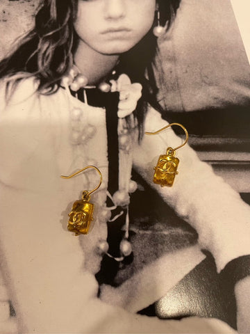 Chanel Acrylic Gold Glaze Square CC Drop Earrings