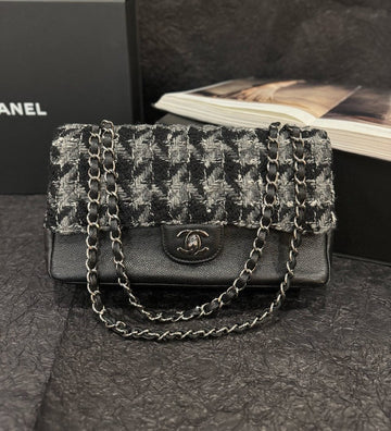 Chanel CF Linton Tweeds & Caviar Leather Black Double Flaps Bag