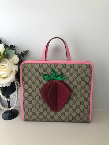 Gucci GG Supreme Strawberry Print Top Handle Bag Beige Pink Canvas