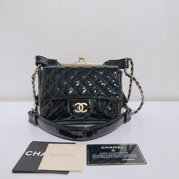 Preloved Chanel Patent and Lace Twin Chain Bag Black Shoulder Bag