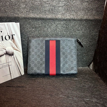 Gucci B126# Clutch Bag with Full Logo Print in Red-Blue Stripes