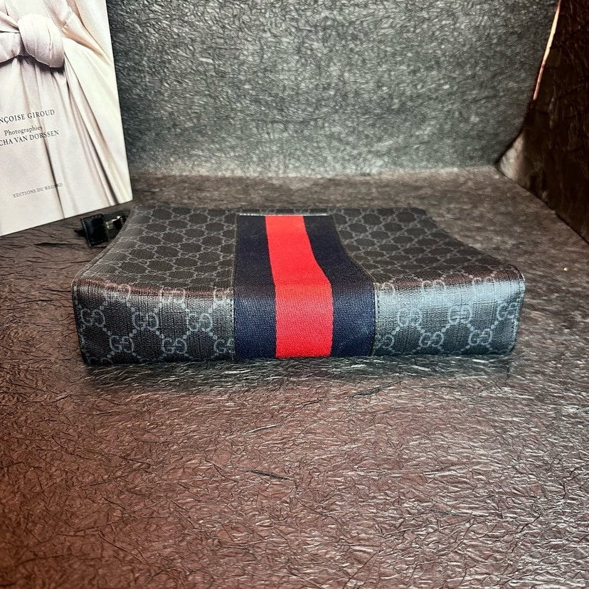Gucci B126# Clutch Bag with Full Logo Print in Red-Blue Stripes