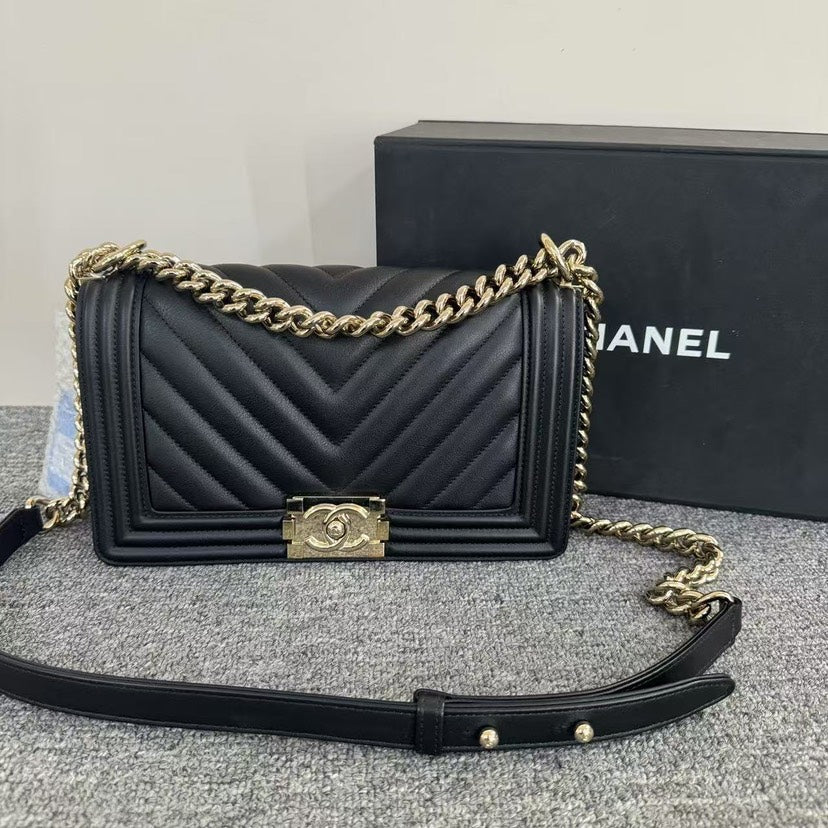 Preloved Chanel Leboy Medium Shoulder Bag Black Leather