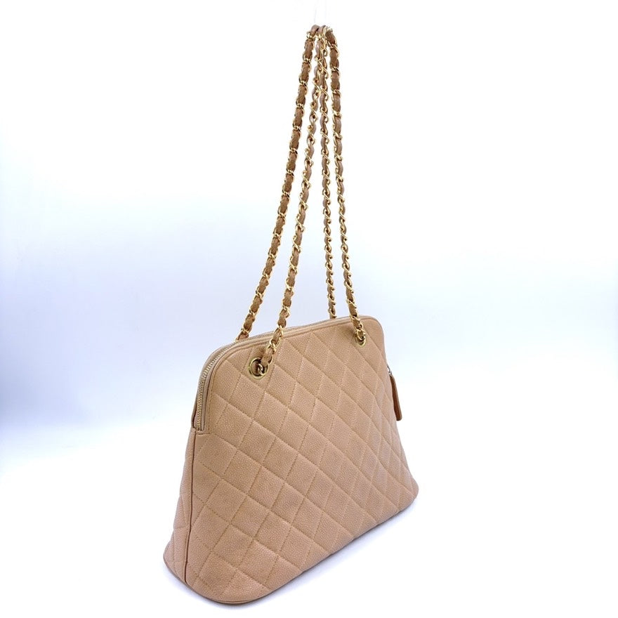 Preloved Chanel Caviar Leather Chain Shoulder Bag Beige LB109192