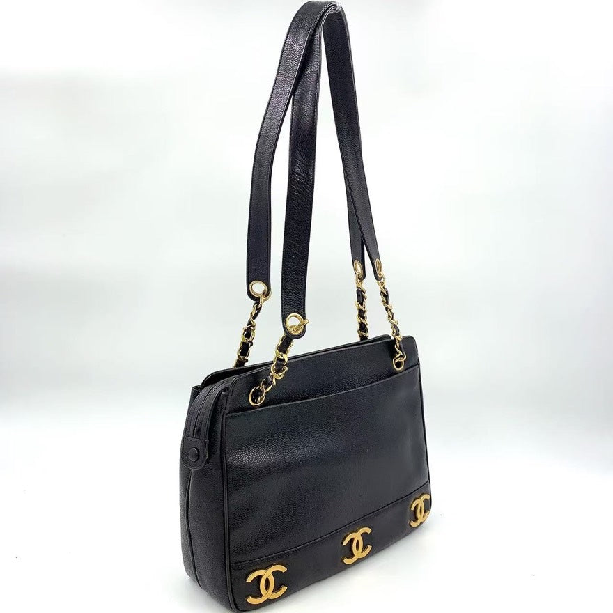 Vintage Chanel Caviar Leather Chain Tote Bag Black
