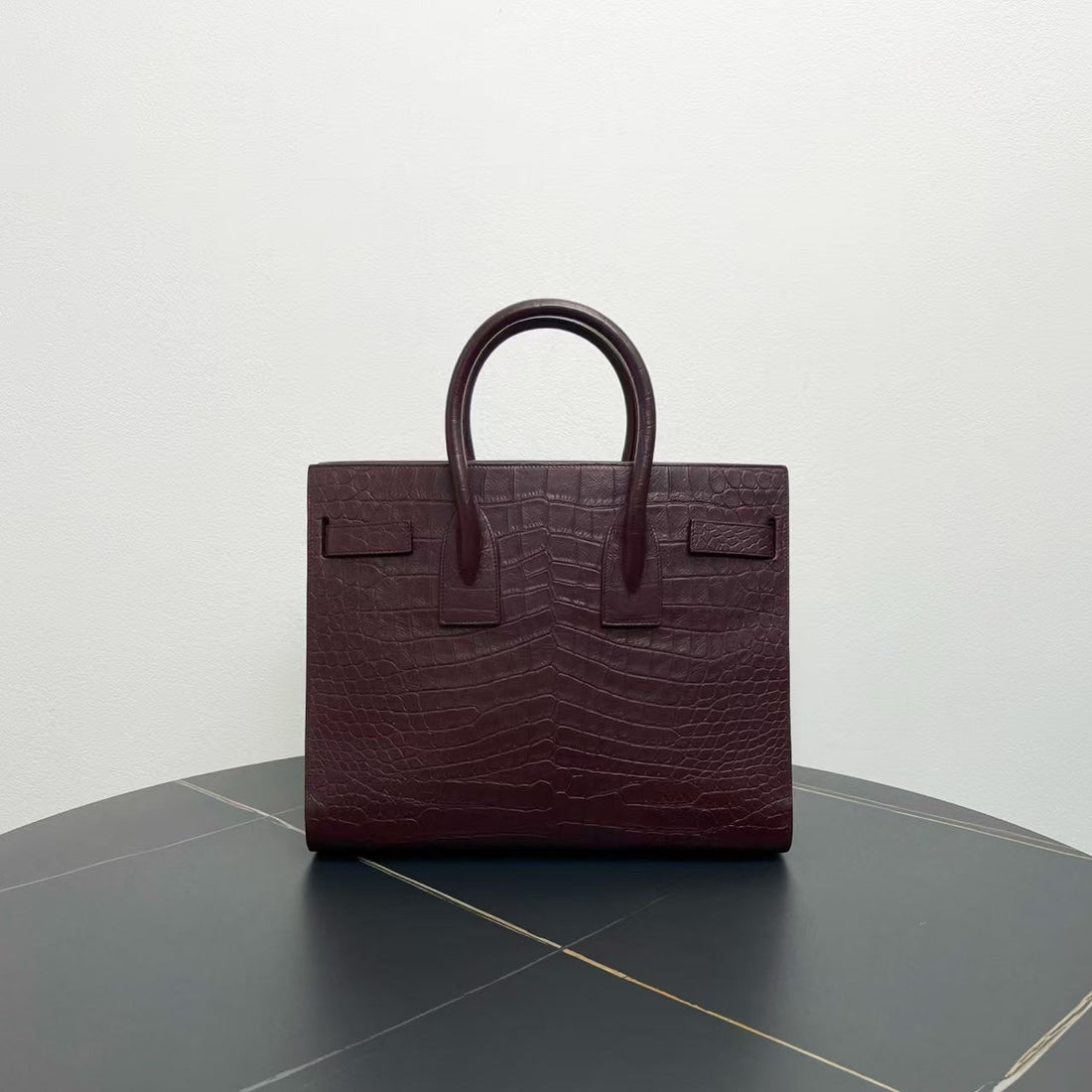 Saint Laurent Crocodile-Embossed Burgundy Sac De Jour Tote Bag