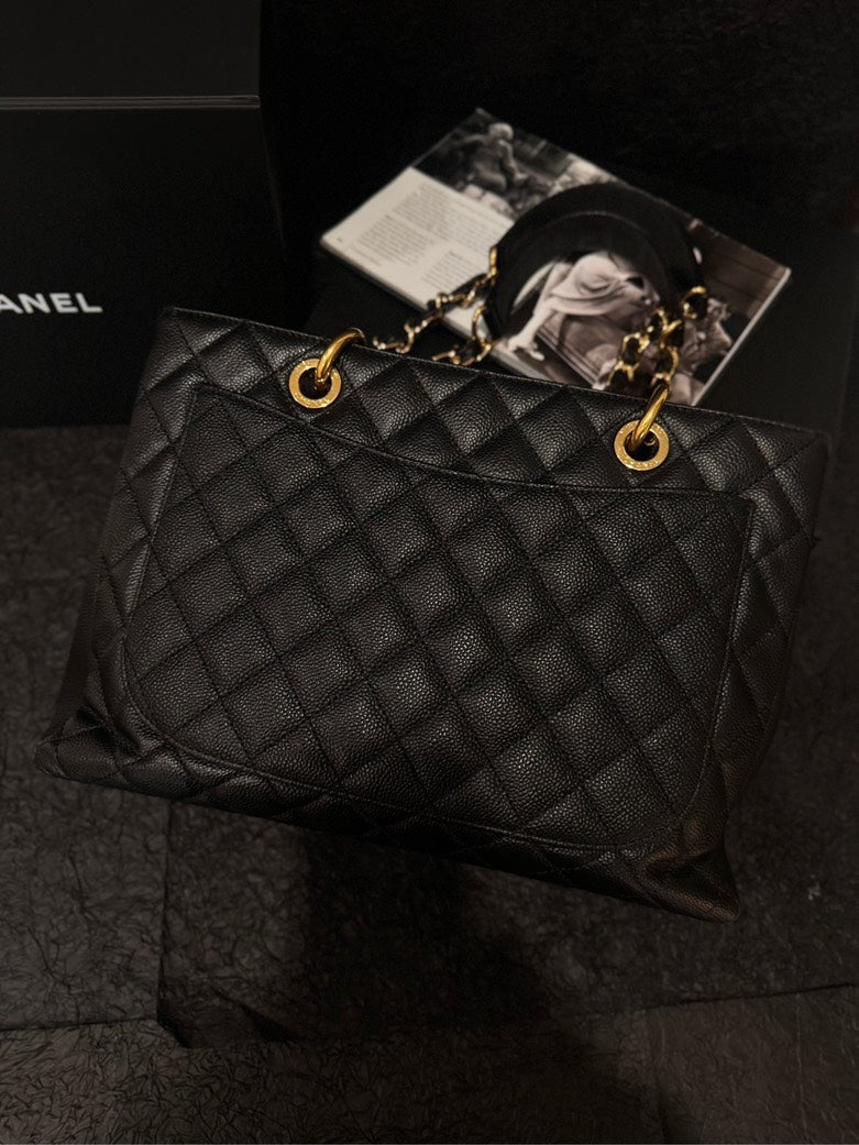 Chanel Black Gold Caviar GST Medium Size Shoulder Bag with Card