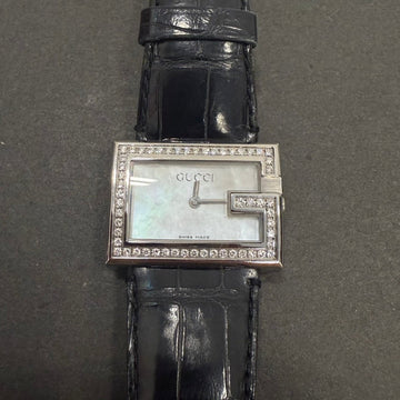Preloved Gucci G Mother of Pearl Diamond Watch Black Silver Dress Formal Strap