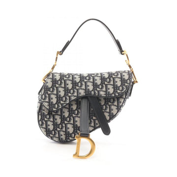 Christian Dior Saddle Oblique Jacquard Handbag Beige Navy Canvas Leather