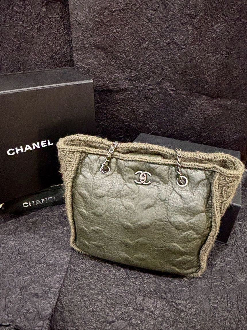 Chanel Knitted Olive Green Tote Bag with Card #18