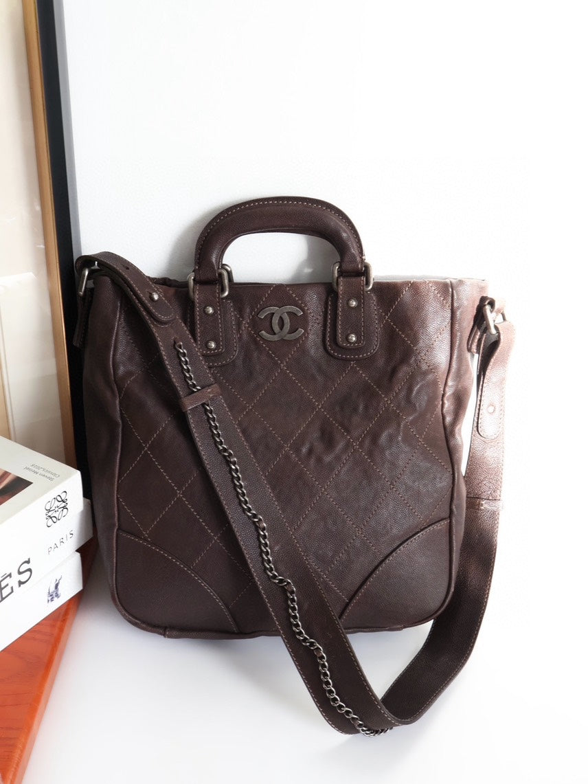 Chanel Vintage Style Brown Leather Handle Bag with Strap #1DEE