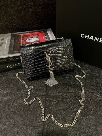 YSL Black Silver Crocodile Embossed Kate Tassel Bag Shoulder Bag