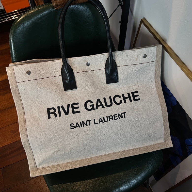 Preloved Saint Laurent YSL Rive Gauche Canvas & Leather Handbag in Ivory - Tote Bag