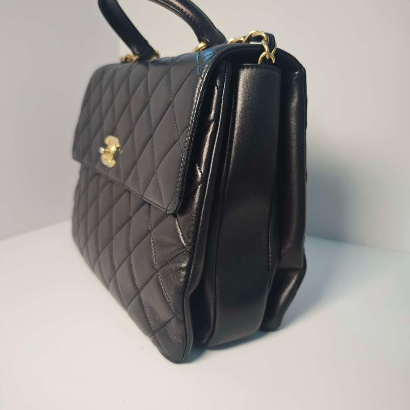 Chanel Trendy CC Black & Gold GM Size Quilted Leather Top Handle Bag