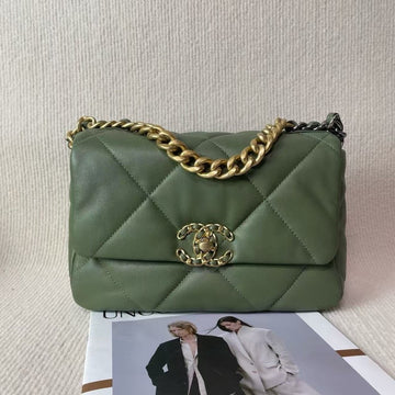 Preloved Chanel 19 Bag 5020901 Olive Leather Quilted Shoulder Bag