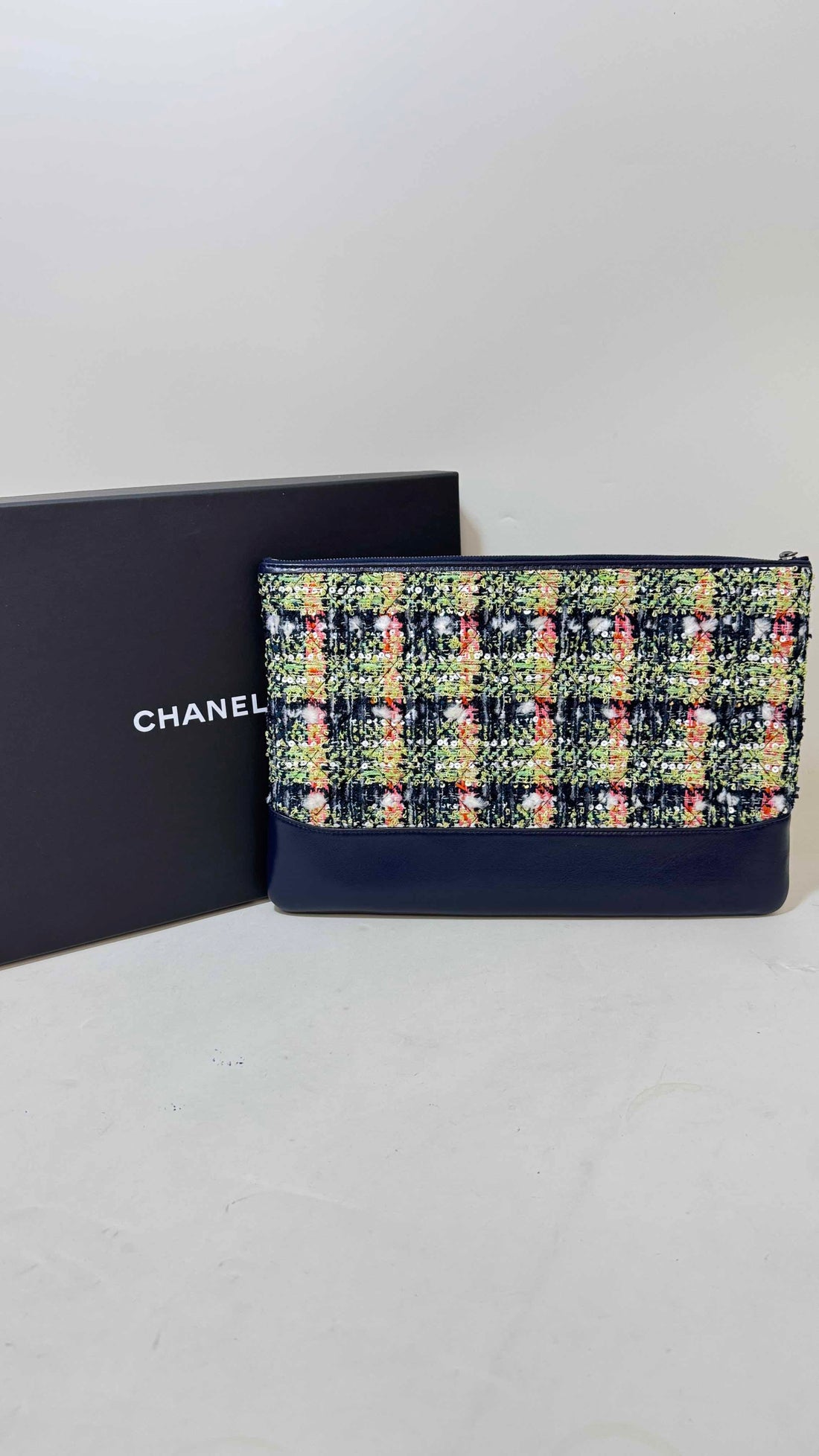 Chanel Tweed Navy Clutch - Preloved Full Set with Images