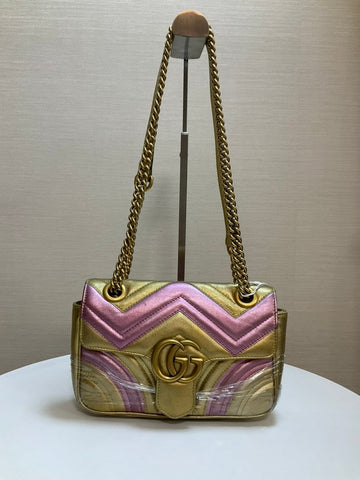 GUCCI GG Marmont Matelassé Shoulder Bag Pink and Gold