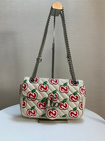 Gucci GG Marmont White Shoulder Bag with Apple Print