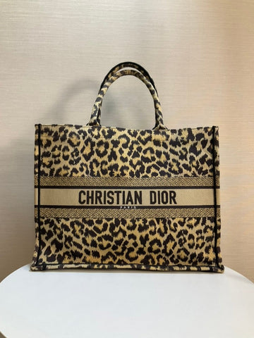 Christian Dior Book Tote Bag Leopard Canvas Large