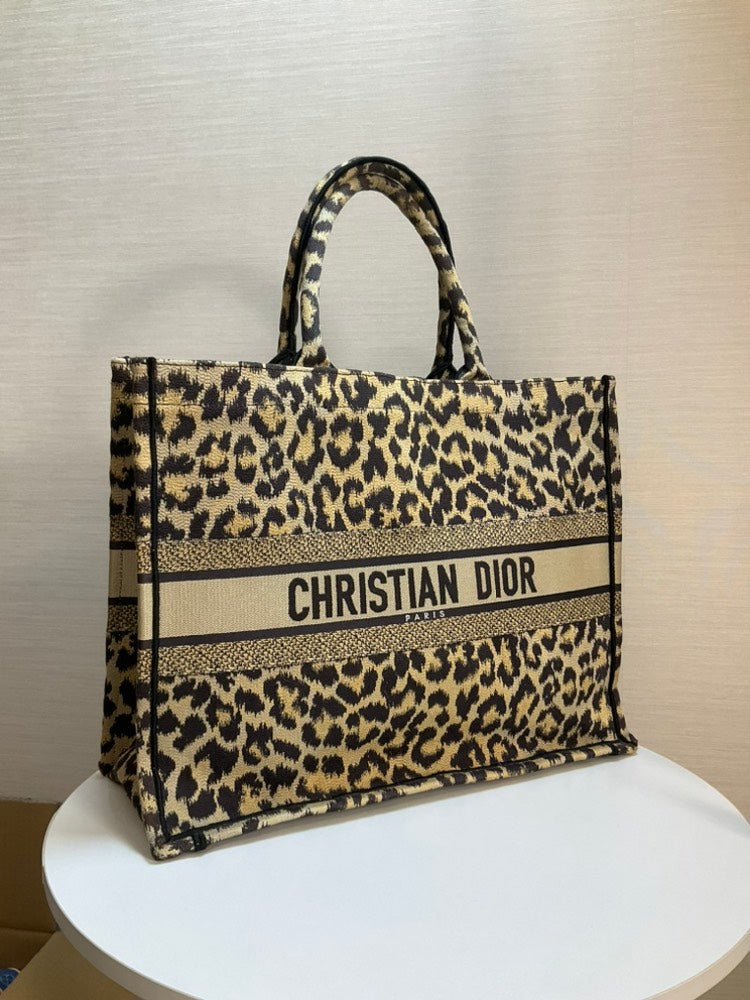 Christian Dior Book Tote Bag Leopard Canvas Large