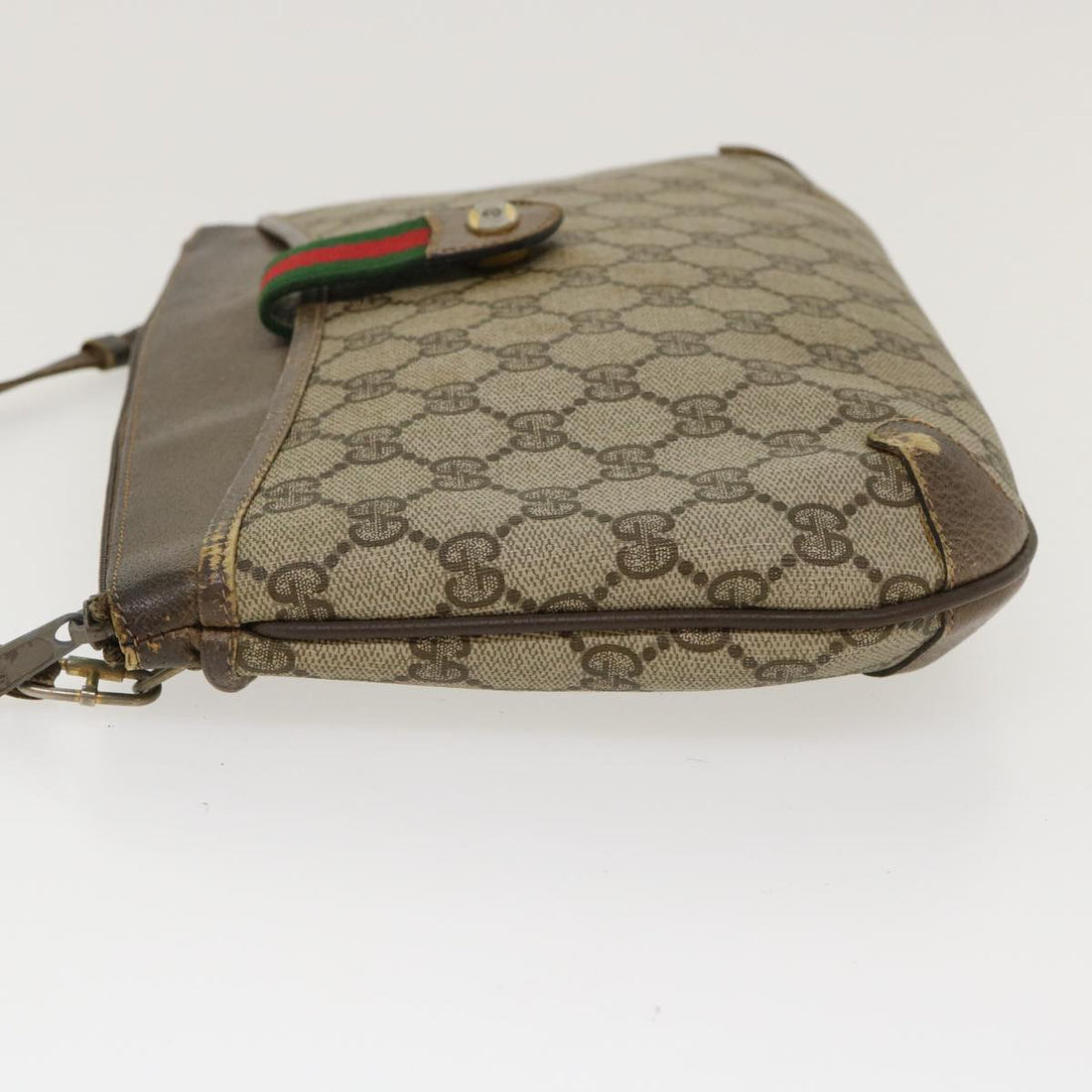 GUCCI GG Canvas Web Sherry Line Shoulder Bag PVC Leather Beige Green rd4793
