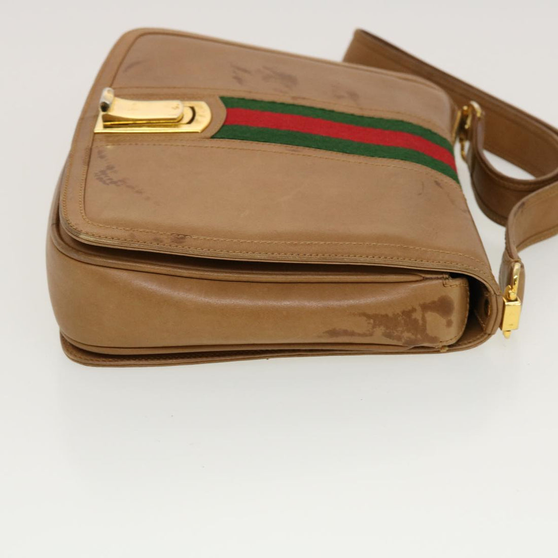 GUCCI Web Sherry Line Shoulder Bag Leather Brown Red Green rd5248