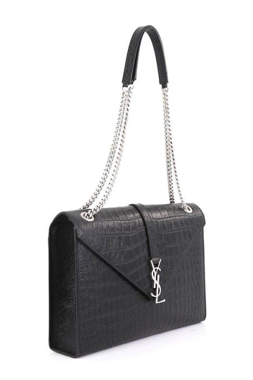Large Monogram Envelope Bag Crocodile Embossed Black with Silver Hardware
