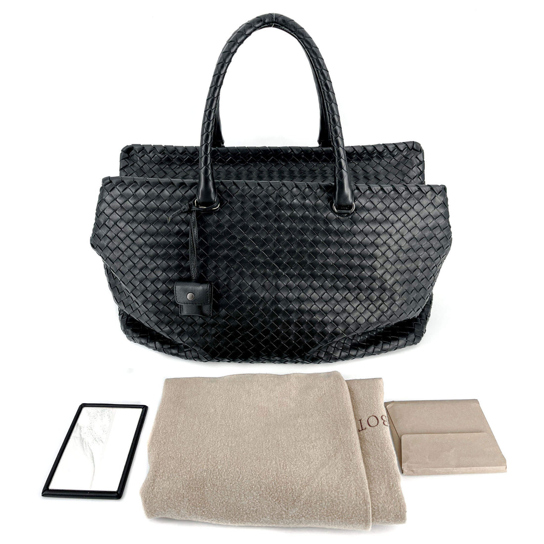 Black Leather Intrecciato Tote