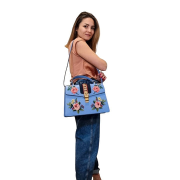 Sylvie Top Handle Bag Blue Leather Floral Embroidered Medium