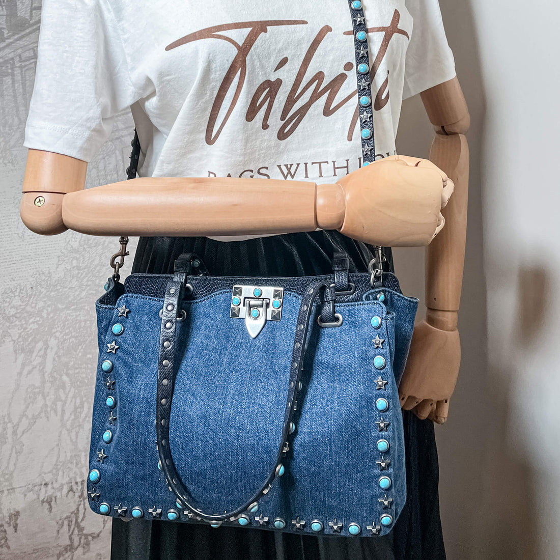 Rockstud 2-Way Denim & Leather Blue Tote