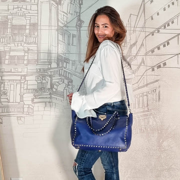 Rockstud Tote Blue Leather