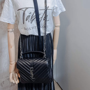 College Small Quilted "Y" Leather Black Bag