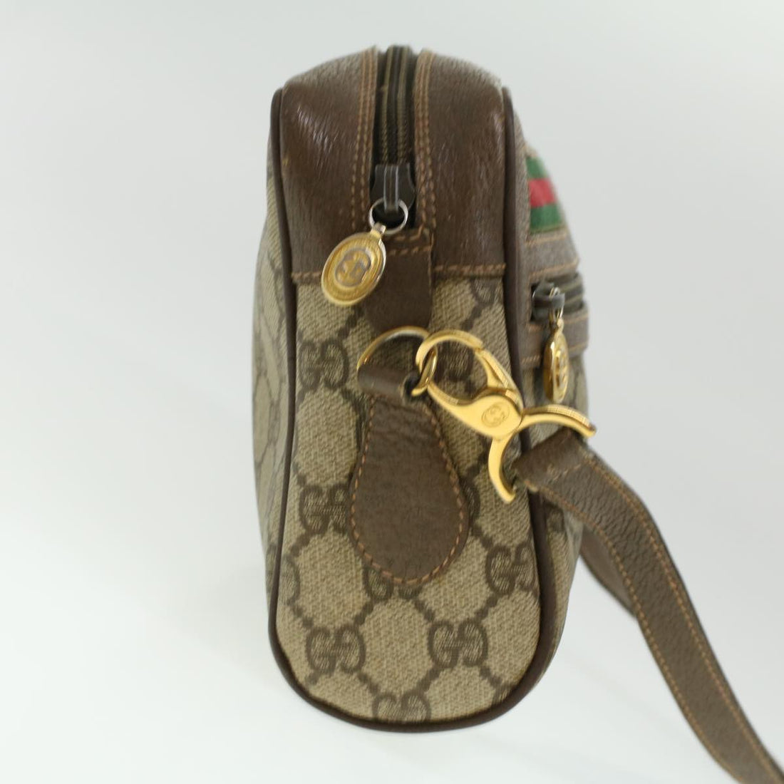 GUCCI Web Sherry Line GG Canvas Shoulder Bag PVC Leather Beige Green tb446