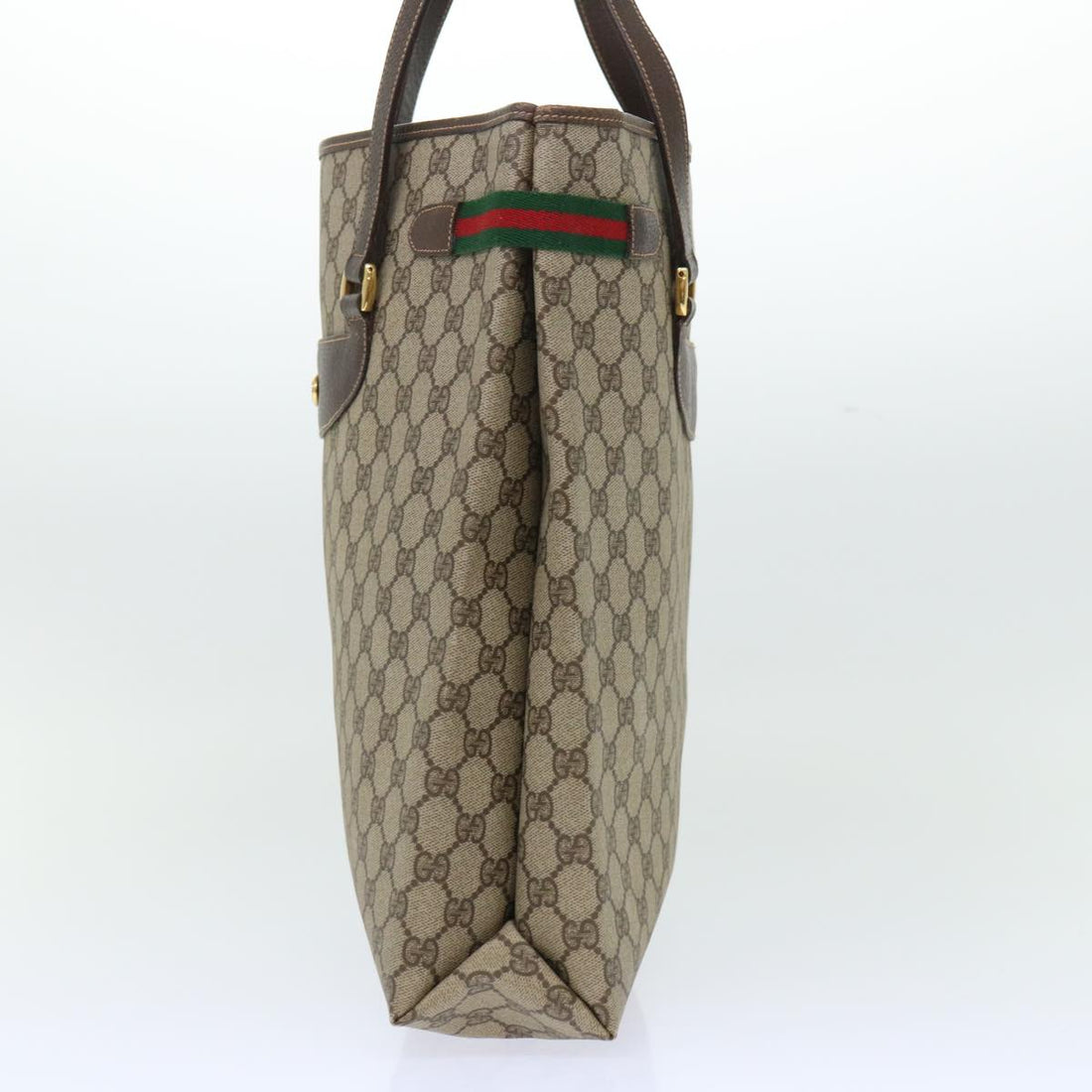 GUCCI GG Canvas Web Sherry Line Tote Bag PVC Leather Beige Red Green th3913