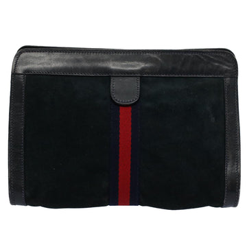 GUCCI Sherry Line Clutch Bag Suede Black Red Navy th4194