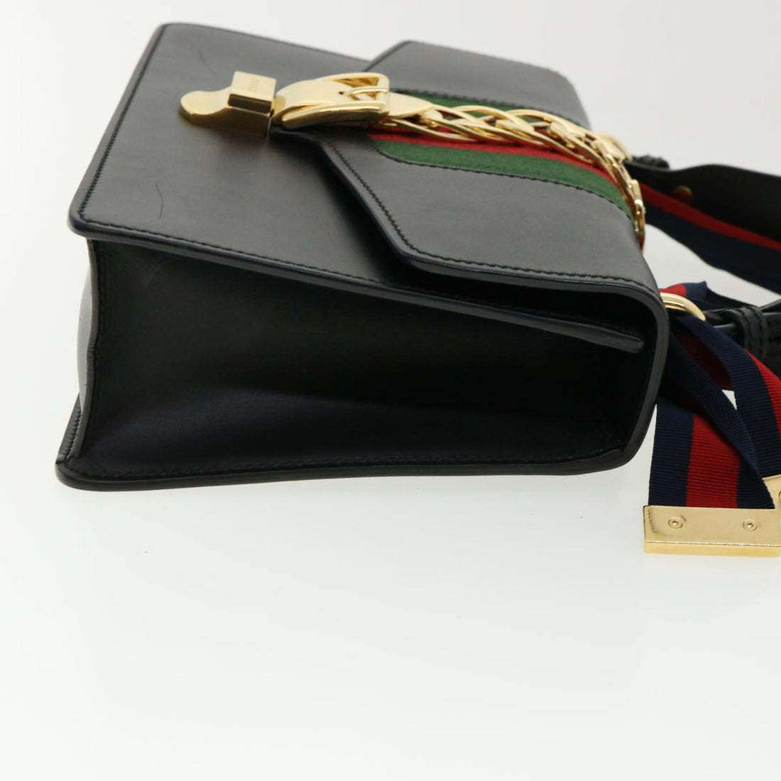 GUCCI Web Sherry Line Silvi Shoulder Bag Leather Black Green 421882 lt690