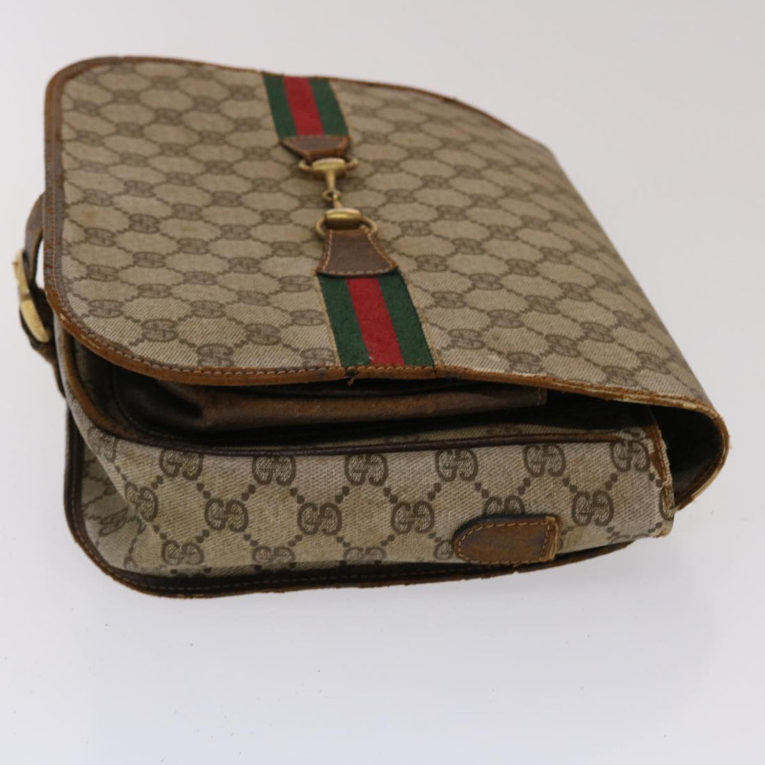 GUCCI GG Canvas Web Sherry Line Shoulder Bag PVC Leather Beige Green ti1142