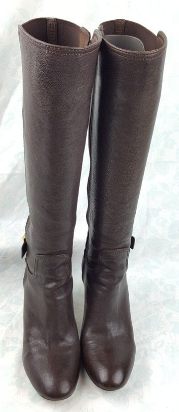 Tory Burch Brown Leather Gold Buckle High Heel Knee High Boots