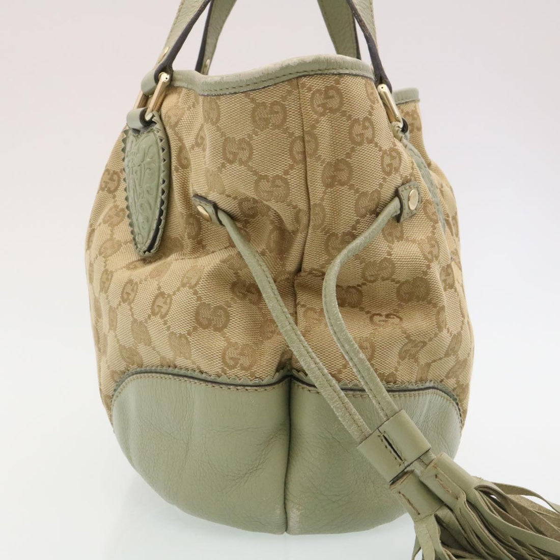 GUCCI GG Canvas Tote Bag Fringe Beige Green yk3822