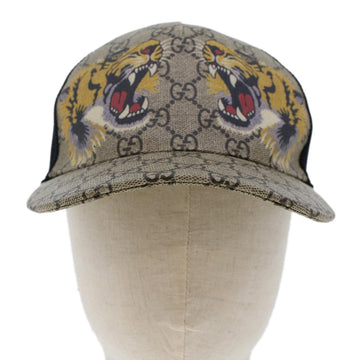 GUCCI GG Canvas Tiger Cap PVC Leather M 58 Beige Black 426887 4HB13 yk7869